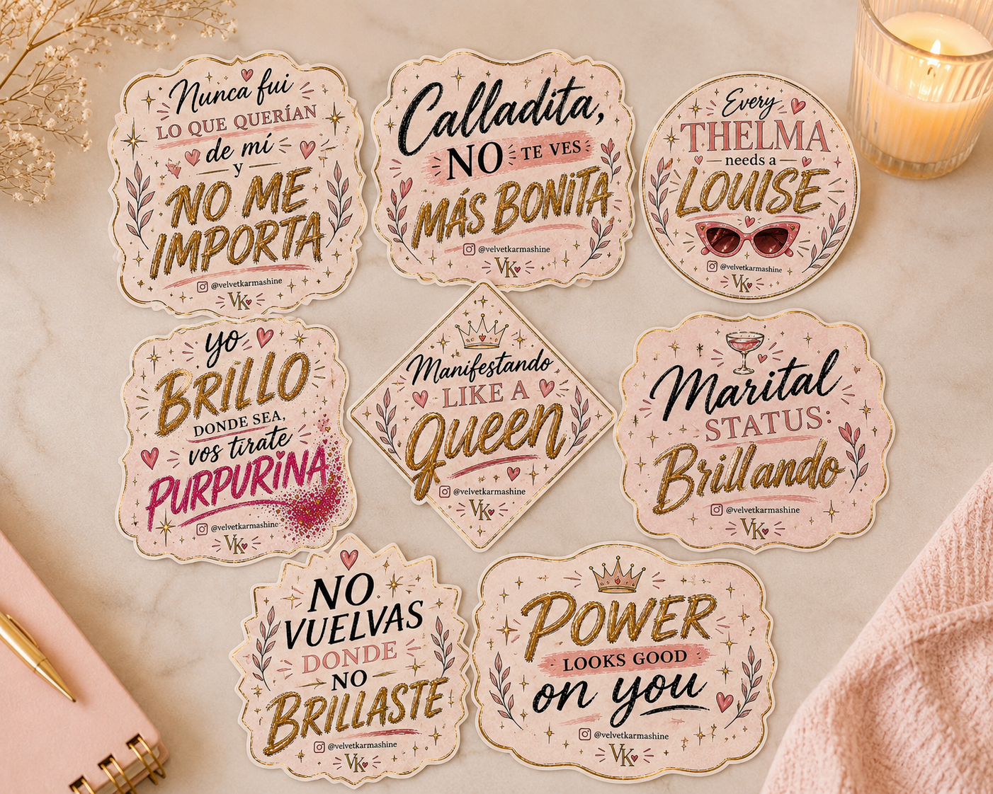 Velvet Karma Sticker Collection – Set of 8 Empowering Vinyl Stickers (3”)